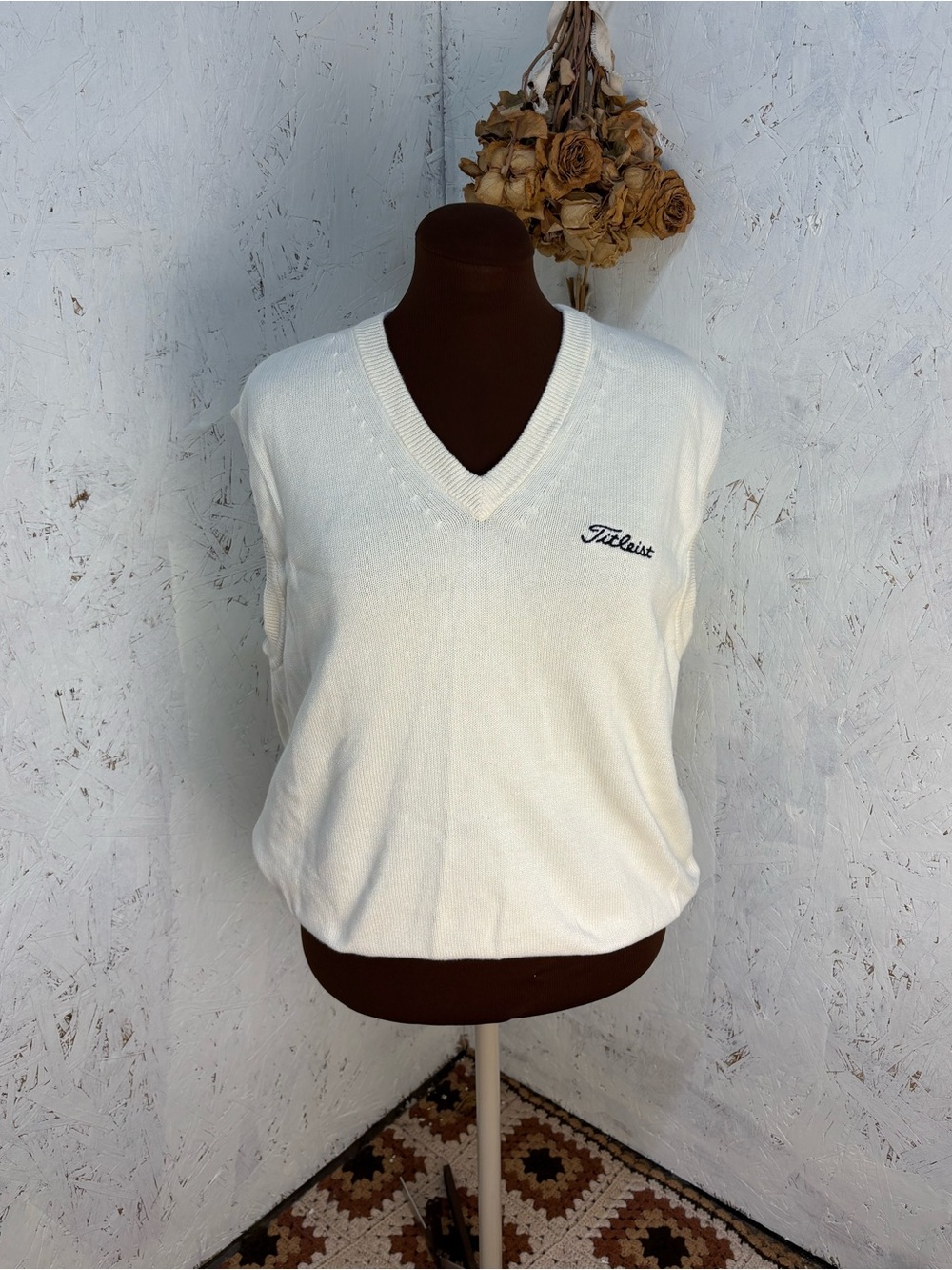 Vintage Titleist by Corbin Golfer Knit V Neck Knit Cream Sweater Vest Mens Large
